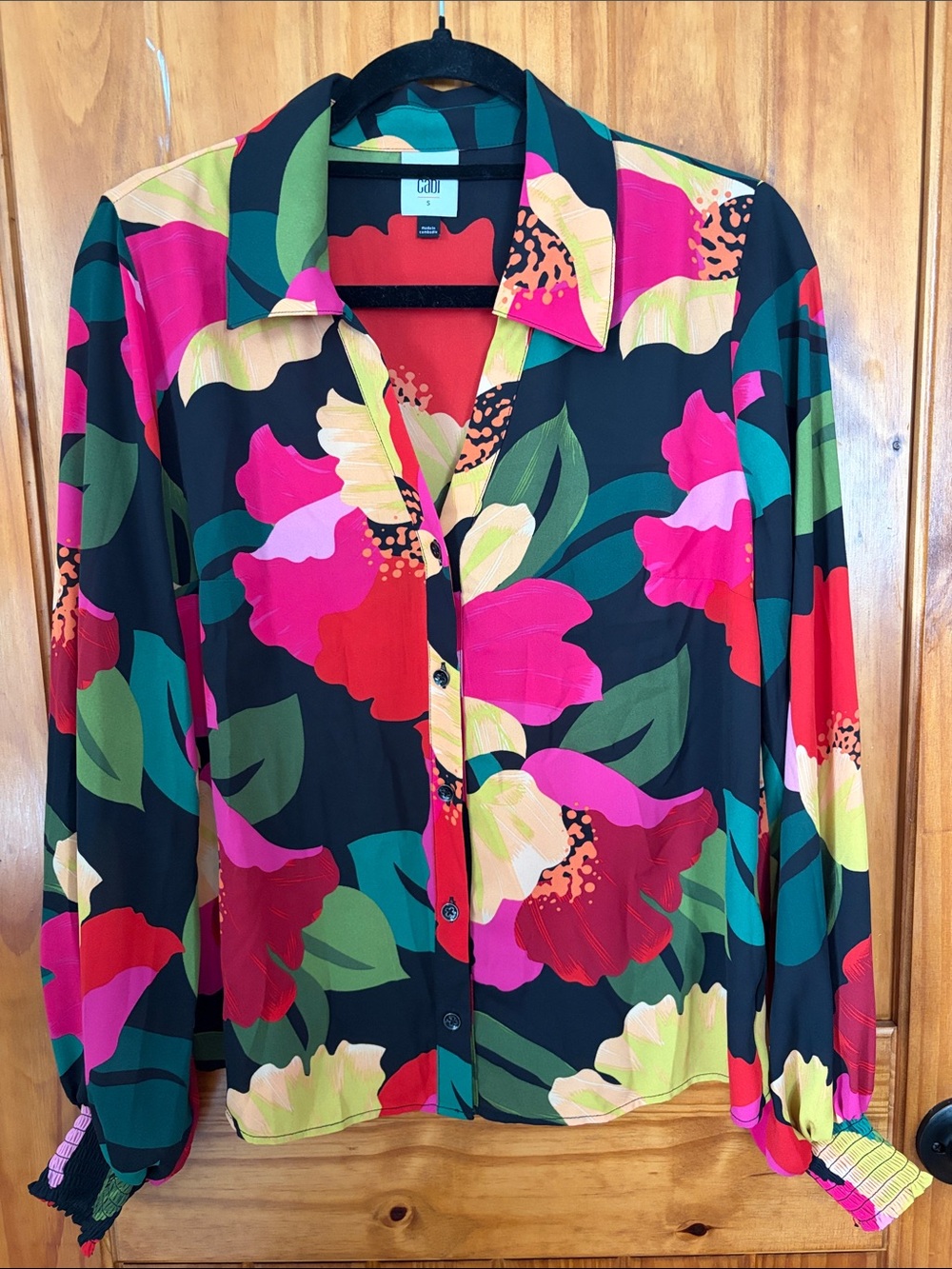 Cabi Flora Small Colorful Floral Button-Up Blouse Bright Pink, Red Green Print